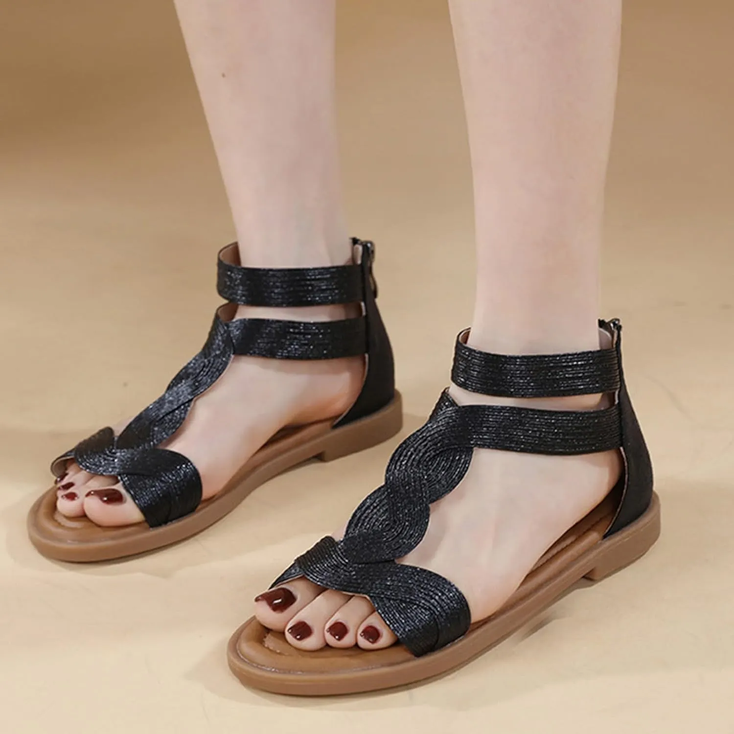Flat Sandals for Women Dressy Wedge Summer Walking Roman Casual Comfortable Travel Fashion Strappy Walking Shoes