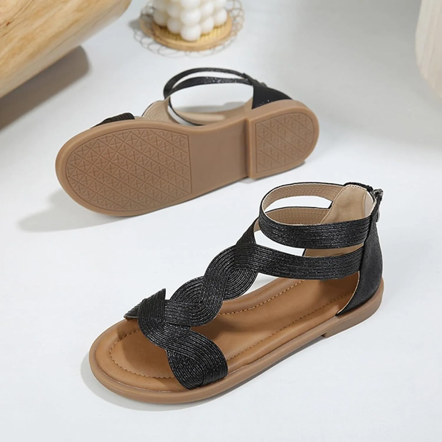 Flat Sandals for Women Dressy Wedge Summer Walking Roman Casual Comfortable Travel Fashion Strappy Walking Shoes