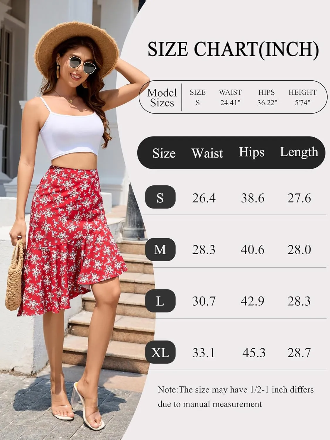 Floral Midi Skirt for Women Boho Flowy Ruffle Elastic High Waist Summer Skirts Casual Asymmetric Hem Skirt