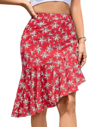 Floral Midi Skirt for Women Boho Flowy Ruffle Elastic High Waist Summer Skirts Casual Asymmetric Hem Skirt