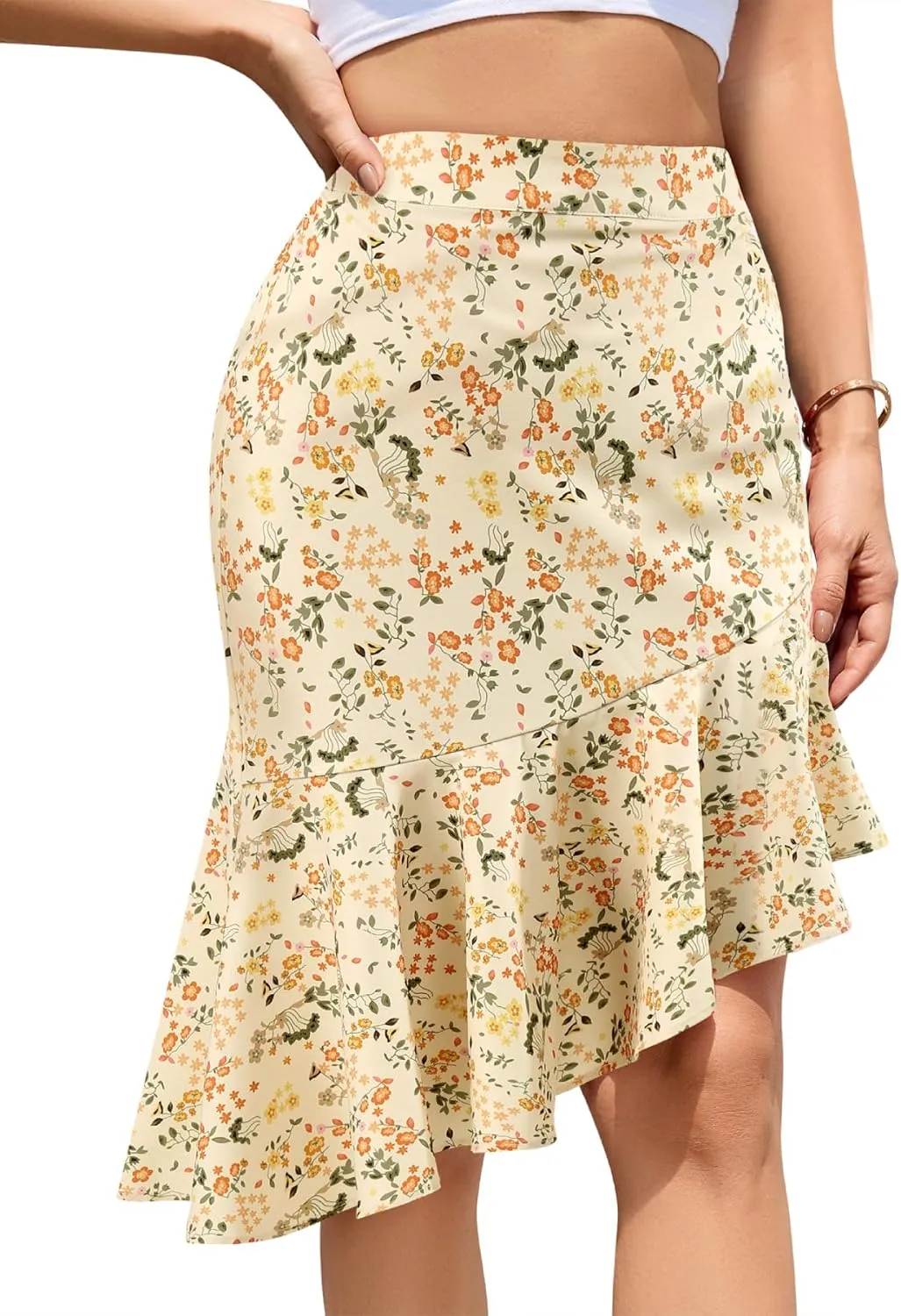 Floral Midi Skirt for Women Boho Flowy Ruffle Elastic High Waist Summer Skirts Casual Asymmetric Hem Skirt