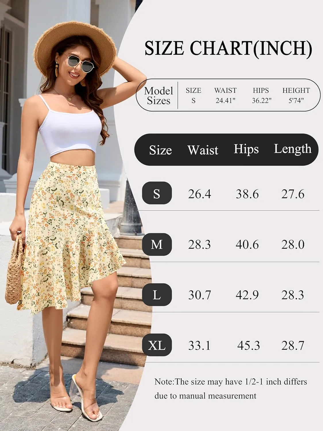 Floral Midi Skirt for Women Boho Flowy Ruffle Elastic High Waist Summer Skirts Casual Asymmetric Hem Skirt