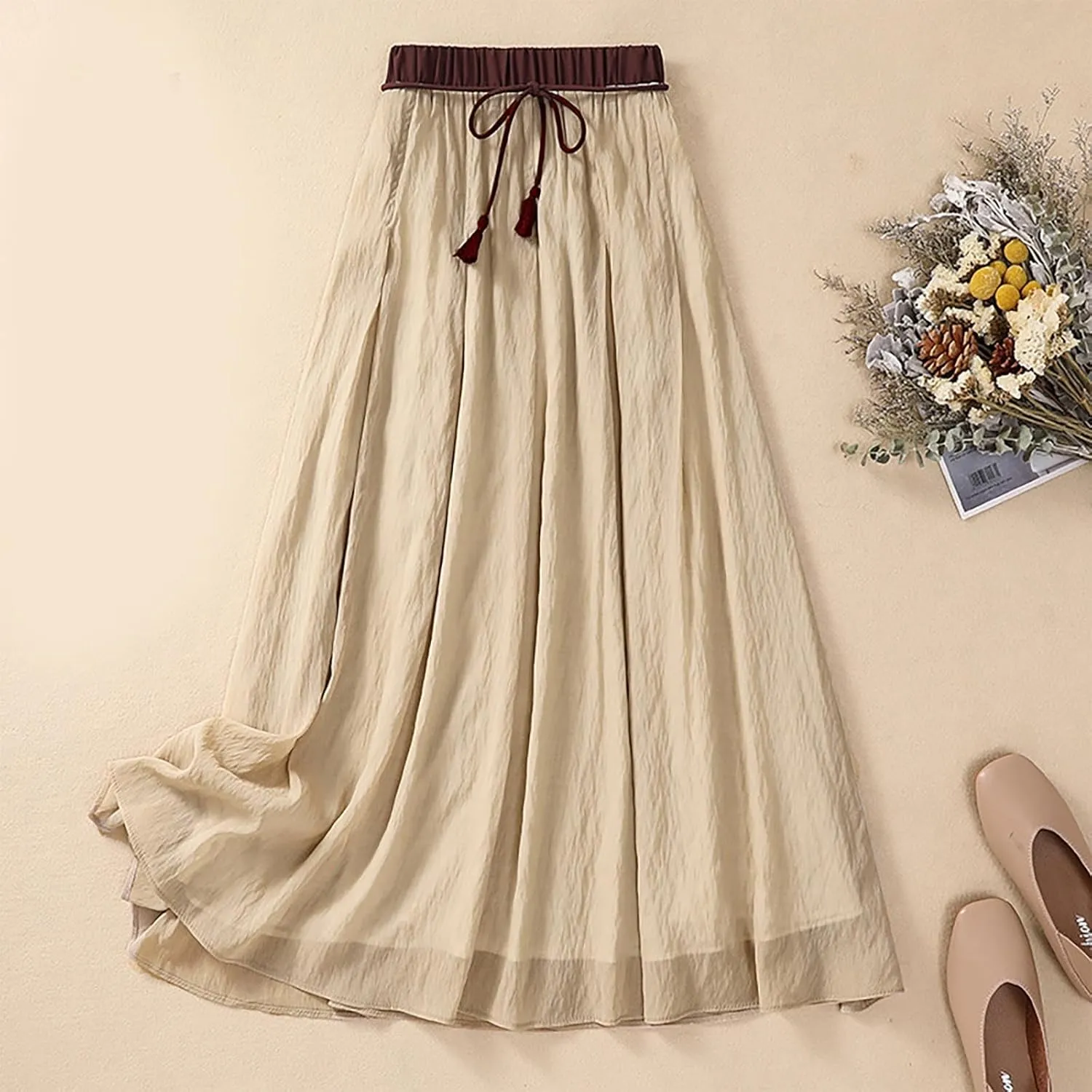 Flowy Cotton Linen Skirt for Women High Waist Drawstring Maxi Skirts Lightweight Casual Boho Skirt Clothes