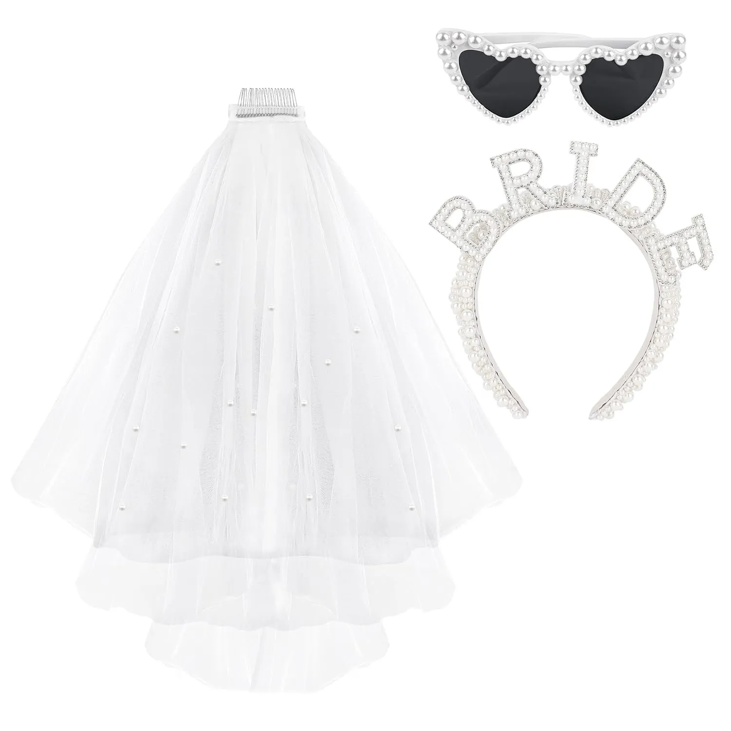 Framendino, Pearl Bride Headband with Veil Heart Shaped Sunglasses Bridal Hairband for Bachelorette Party Decorations