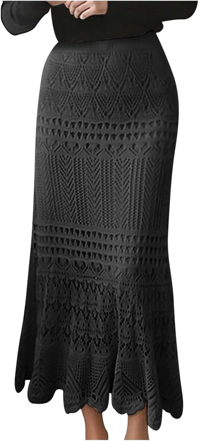 FZYLQY Women High Waist Crochet Skirt Summer Beach Hollow Out Knit Patterned Lace Skirt Plus Size Stretch Bodycon Maxi Skirt
