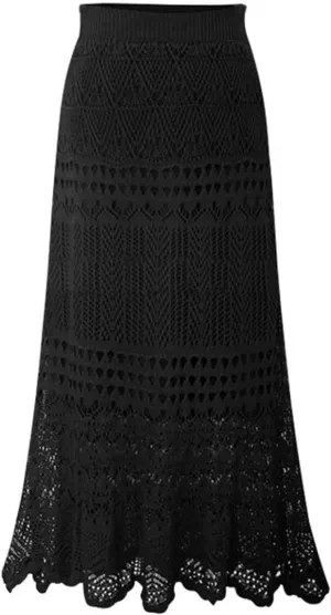 FZYLQY Women High Waist Crochet Skirt Summer Beach Hollow Out Knit Patterned Lace Skirt Plus Size Stretch Bodycon Maxi Skirt