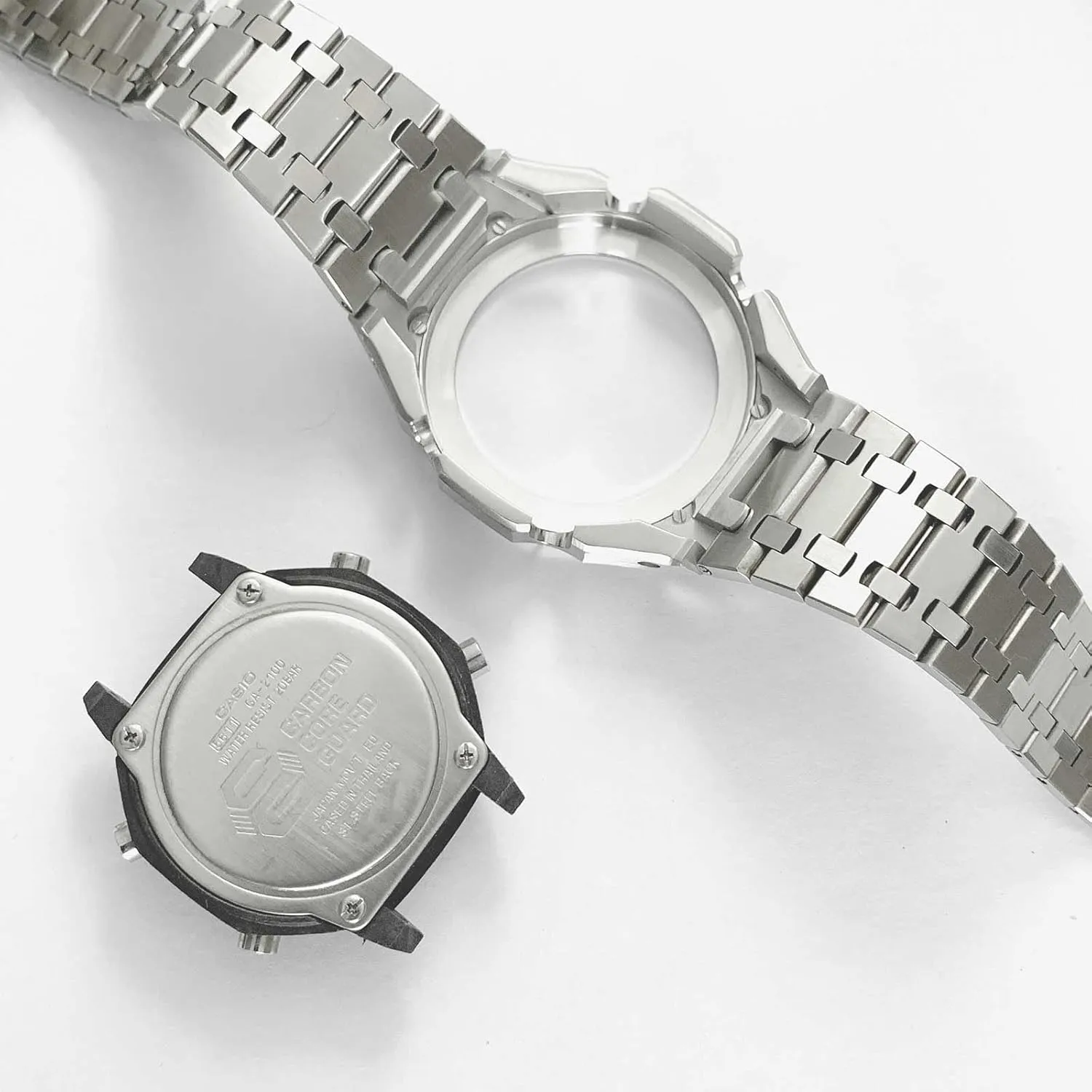 Ga2100 Watch Band Case Replacement Kit,Stainless Steel Strap Smooth Bezel Withou Nails Crown Modify Metal Mod Kit Compatitle With Casio G-shock GA-2110/GAB-2100/Ga-2100