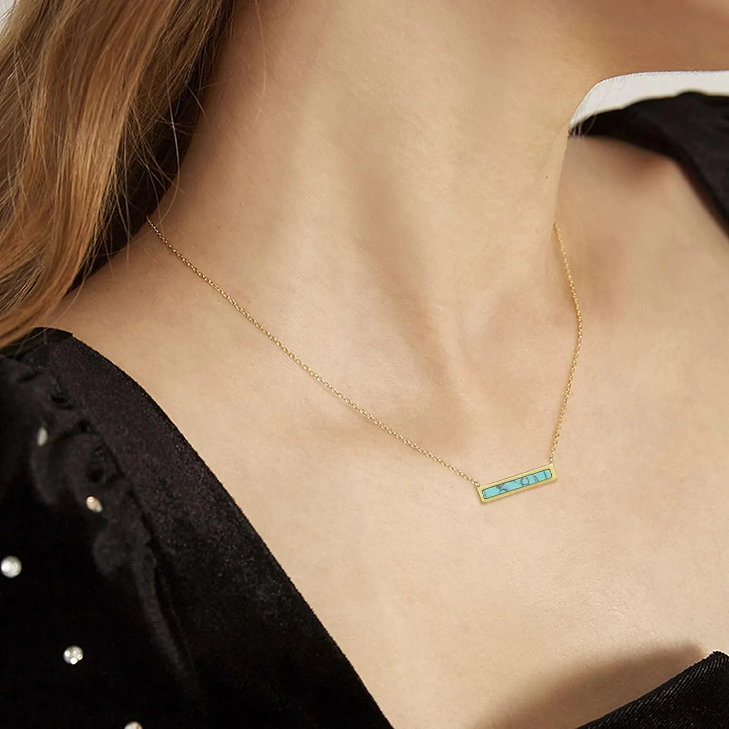 Gemstone Bar Necklaces for Women Gold Silver Plated Simulated Turquoise Necklace Pendant Triangle Square Necklaces Dainty Choker Necklace Jewelry Gift