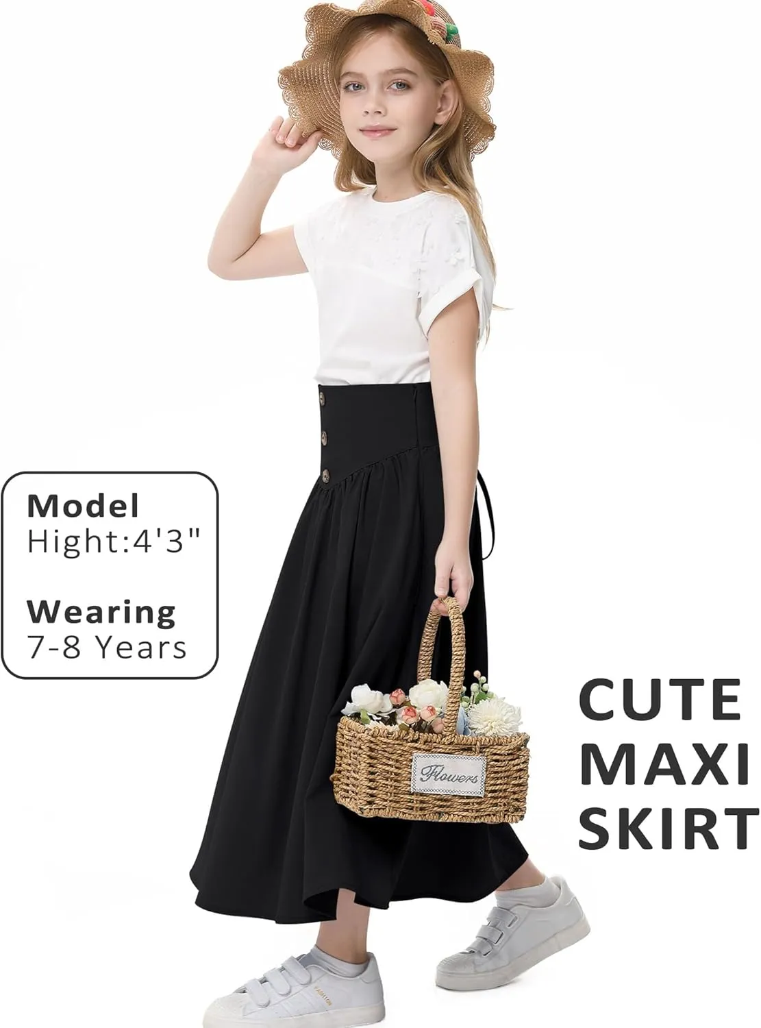 Girl Maxi Skirt Elastic High Waist A-Line Long Skirt Smocked Waistband with Drawstring and Pockets 3-12 Years