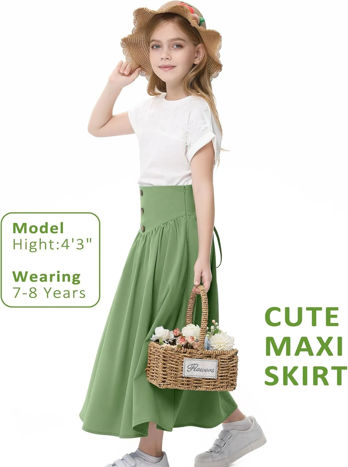 Girl Maxi Skirt Elastic High Waist A-Line Long Skirt Smocked Waistband with Drawstring and Pockets 3-12 Years