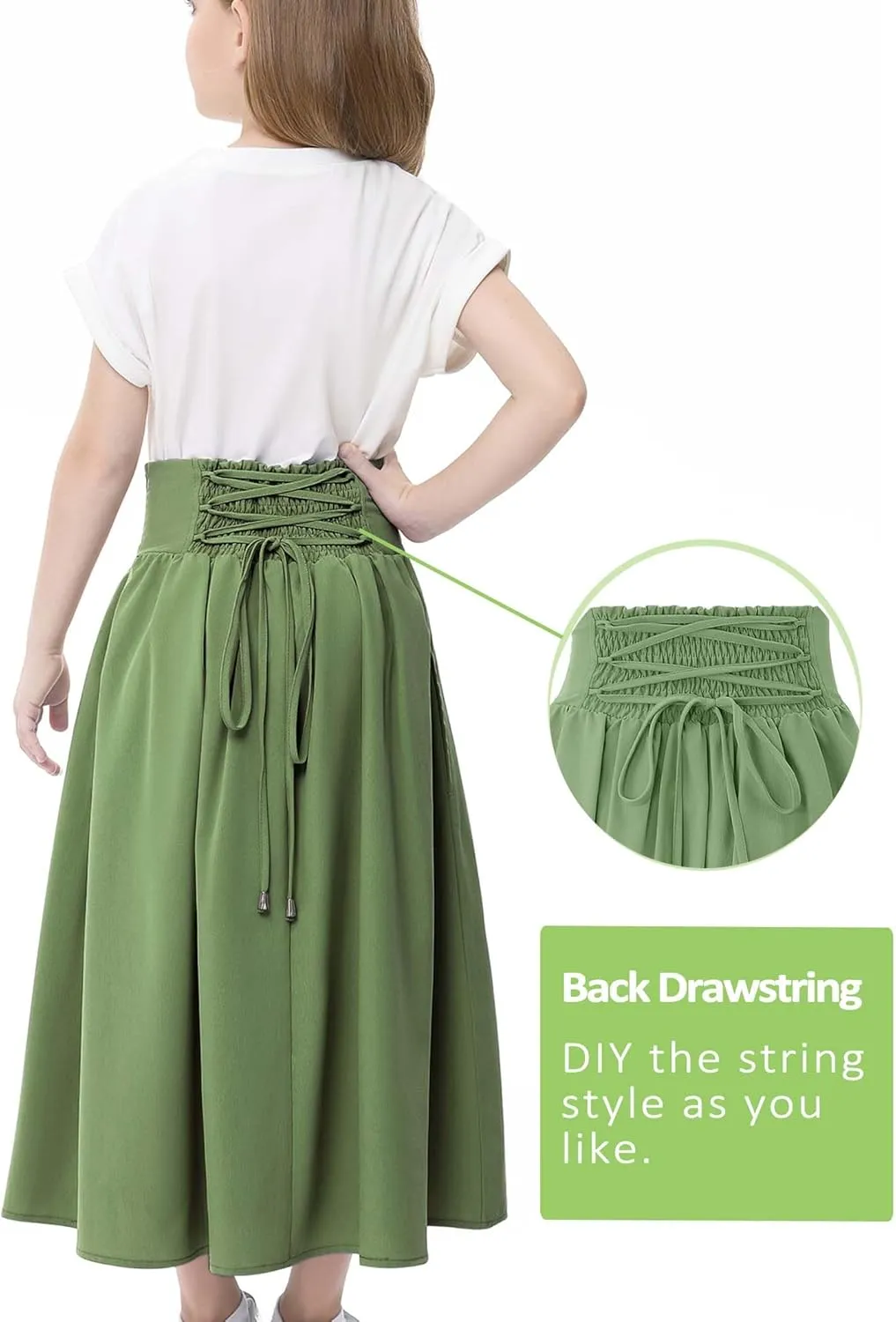 Girl Maxi Skirt Elastic High Waist A-Line Long Skirt Smocked Waistband with Drawstring and Pockets 3-12 Years