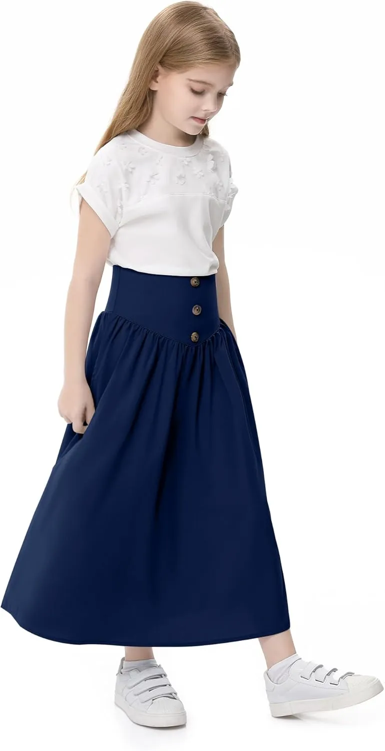 Girl Maxi Skirt Elastic High Waist A-Line Long Skirt Smocked Waistband with Drawstring and Pockets 3-12 Years