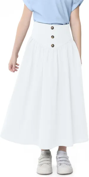 Girl Maxi Skirt Elastic High Waist A-Line Long Skirt Smocked Waistband with Drawstring and Pockets 3-12 Years