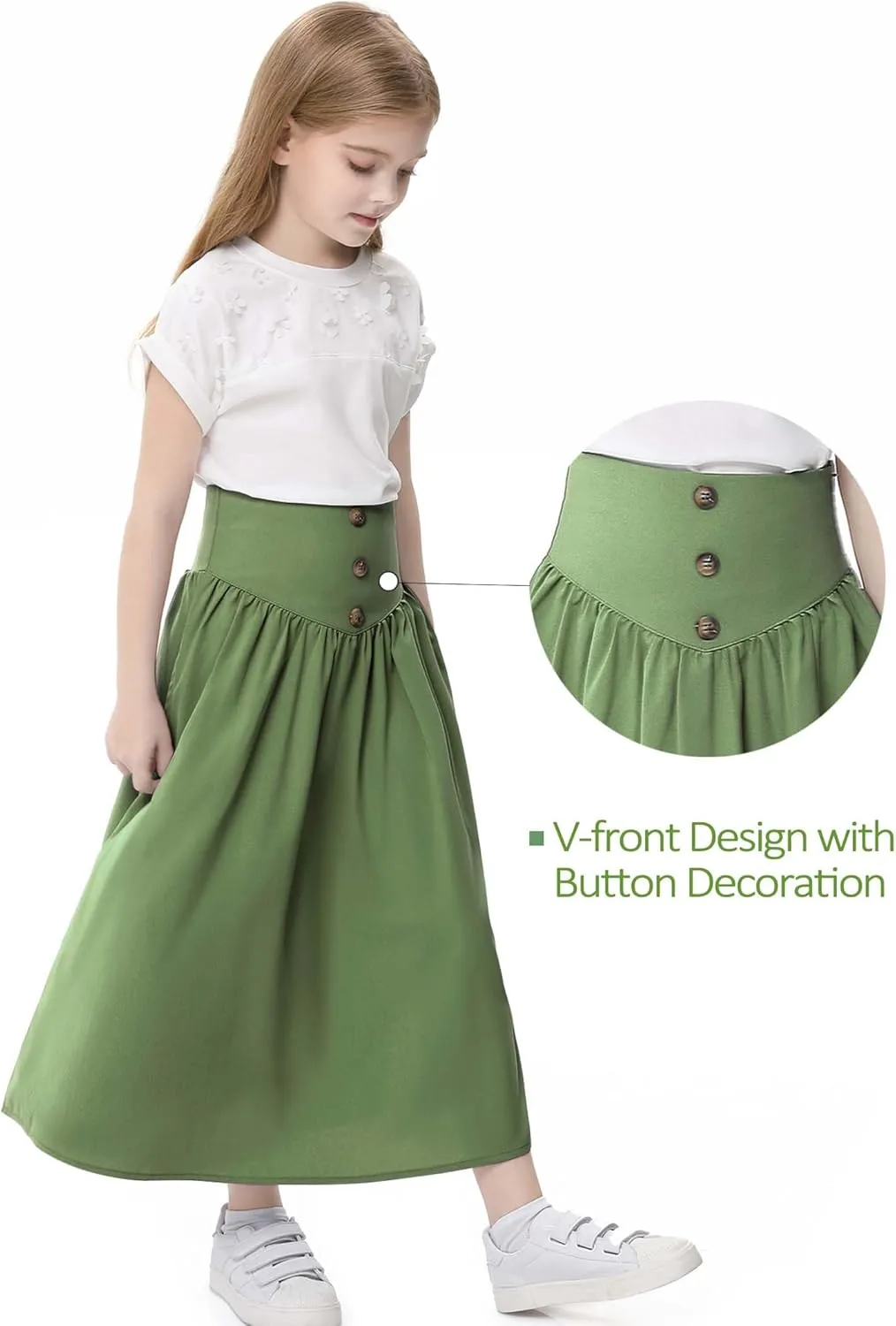 Girl Maxi Skirt Elastic High Waist A-Line Long Skirt Smocked Waistband with Drawstring and Pockets 3-12 Years