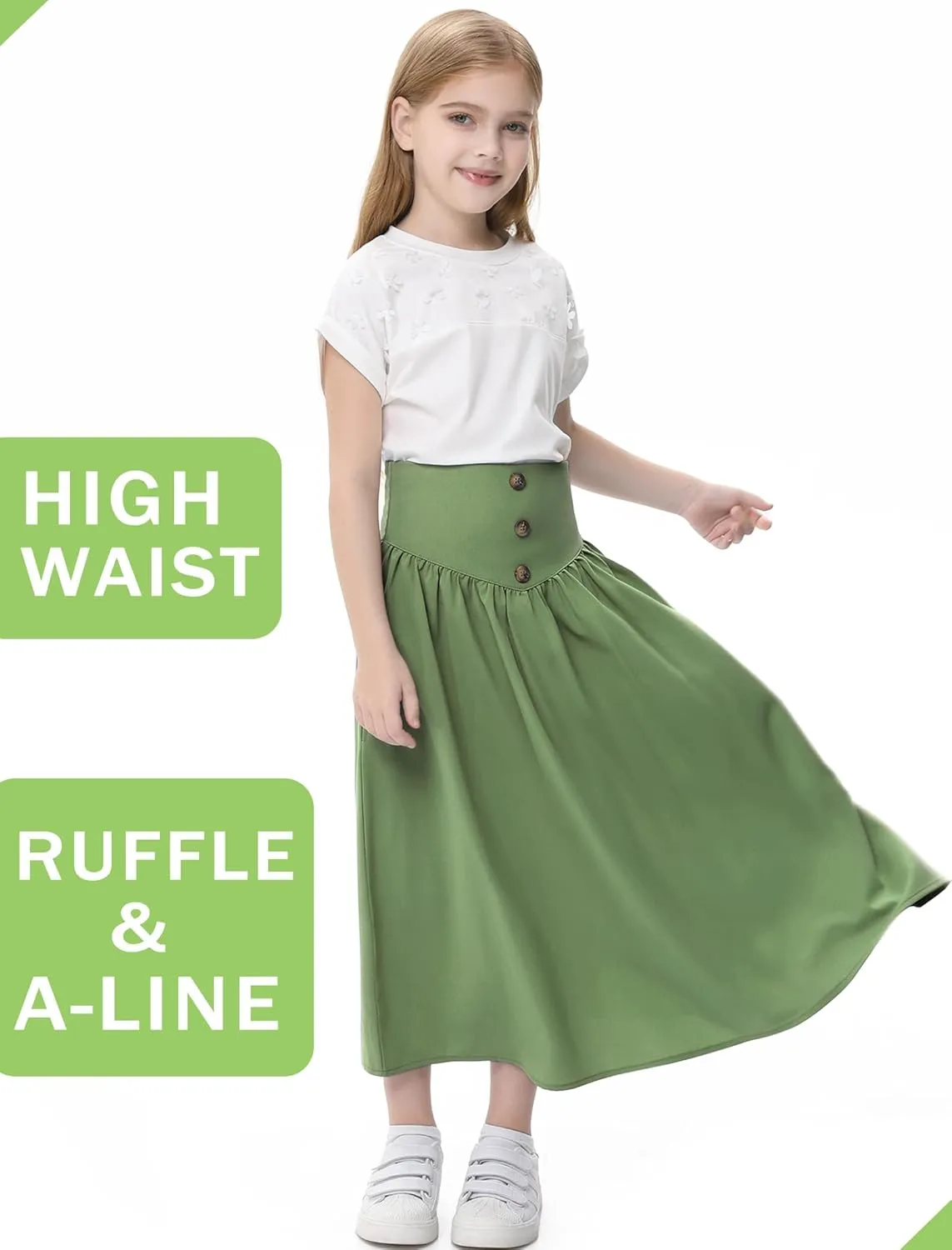Girl Maxi Skirt Elastic High Waist A-Line Long Skirt Smocked Waistband with Drawstring and Pockets 3-12 Years