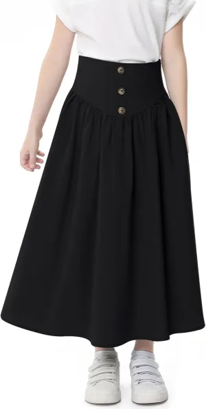 Girl Maxi Skirt Elastic High Waist A-Line Long Skirt Smocked Waistband with Drawstring and Pockets 3-12 Years