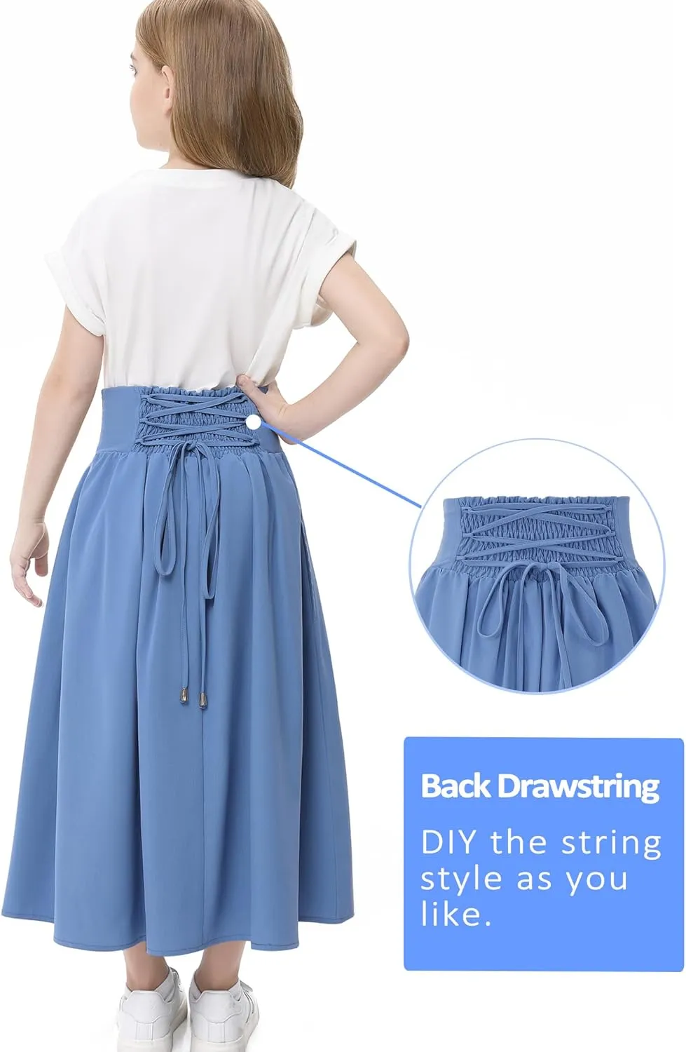 Girl Maxi Skirt Elastic High Waist A-Line Long Skirt Smocked Waistband with Drawstring and Pockets 3-12 Years