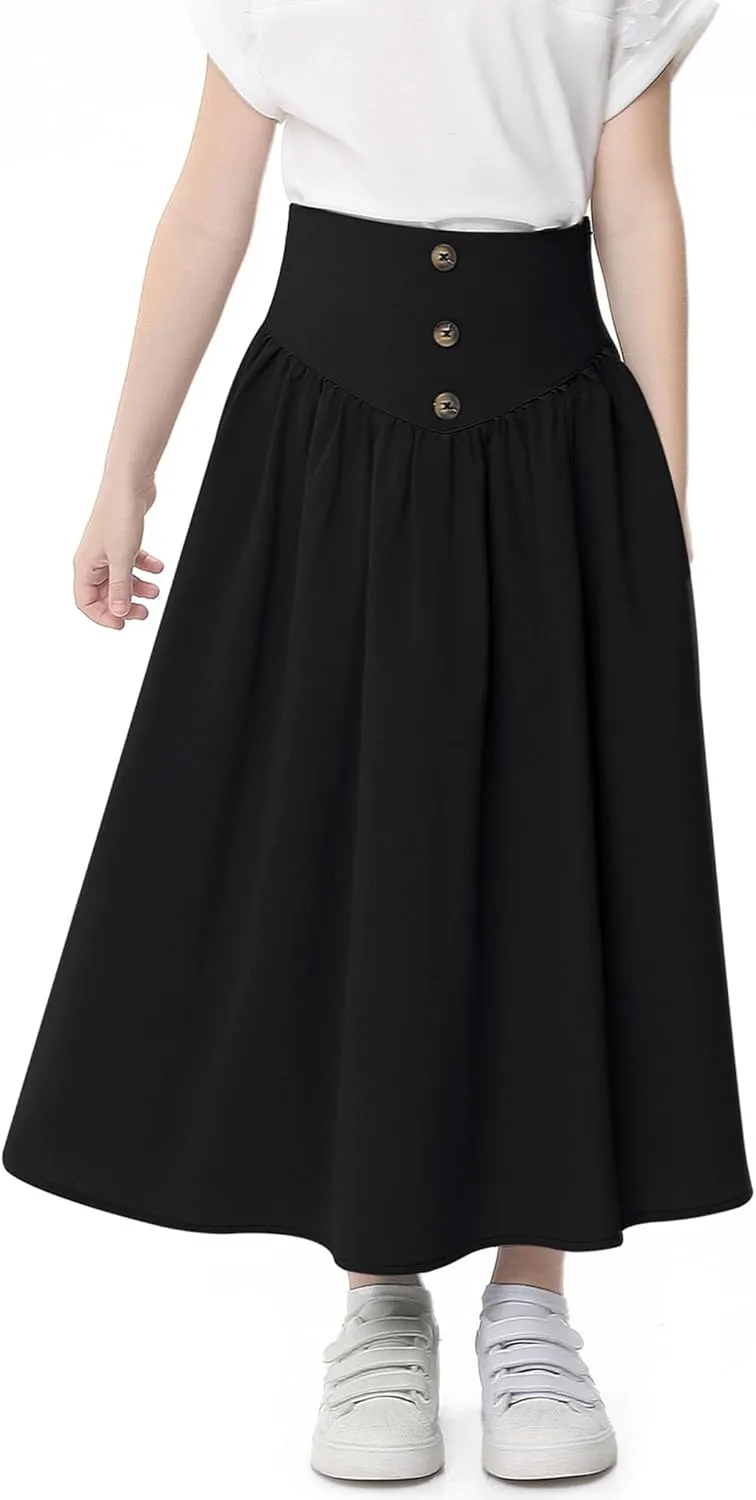 Girl Maxi Skirt Elastic High Waist A-Line Long Skirt Smocked Waistband with Drawstring and Pockets 3-12 Years