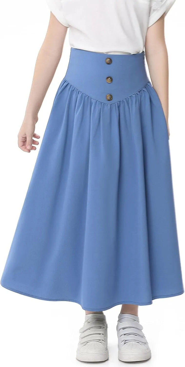 Girl Maxi Skirt Elastic High Waist A-Line Long Skirt Smocked Waistband with Drawstring and Pockets 3-12 Years