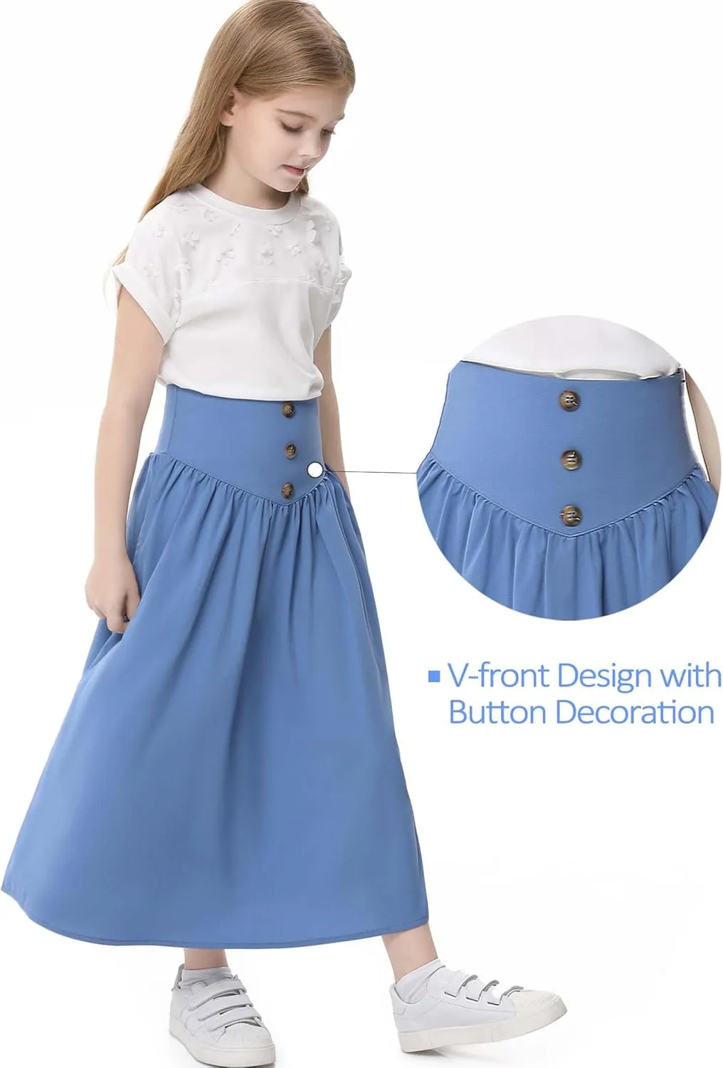Girl Maxi Skirt Elastic High Waist A-Line Long Skirt Smocked Waistband with Drawstring and Pockets 3-12 Years