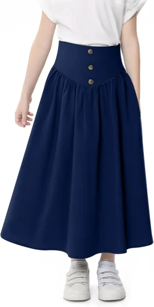 Girl Maxi Skirt Elastic High Waist A-Line Long Skirt Smocked Waistband with Drawstring and Pockets 3-12 Years