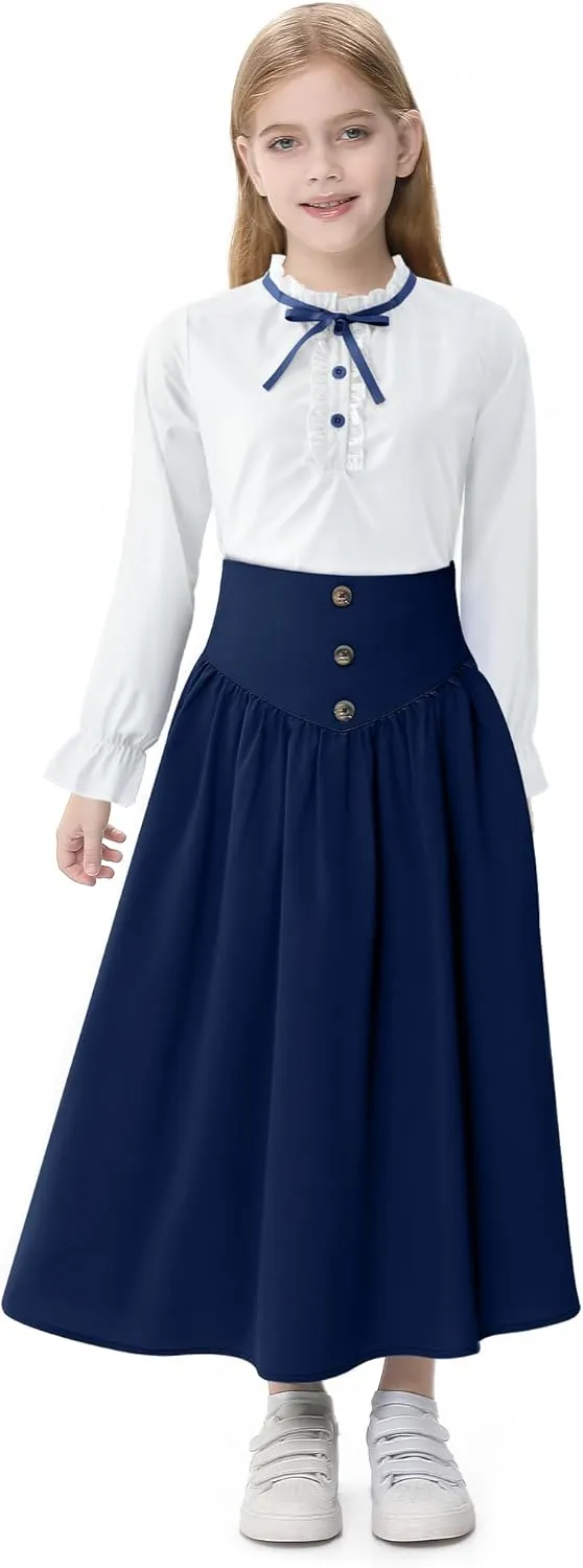 Girl Maxi Skirt Elastic High Waist A-Line Long Skirt Smocked Waistband with Drawstring and Pockets 3-12 Years