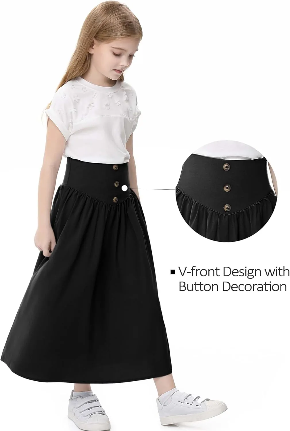 Girl Maxi Skirt Elastic High Waist A-Line Long Skirt Smocked Waistband with Drawstring and Pockets 3-12 Years