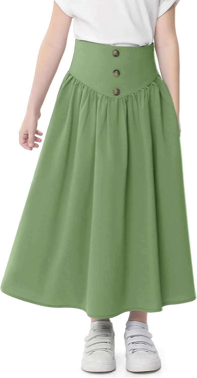 Girl Maxi Skirt Elastic High Waist A-Line Long Skirt Smocked Waistband with Drawstring and Pockets 3-12 Years
