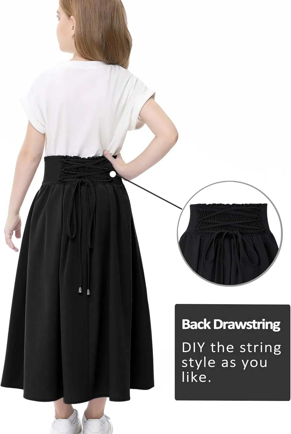 Girl Maxi Skirt Elastic High Waist A-Line Long Skirt Smocked Waistband with Drawstring and Pockets 3-12 Years