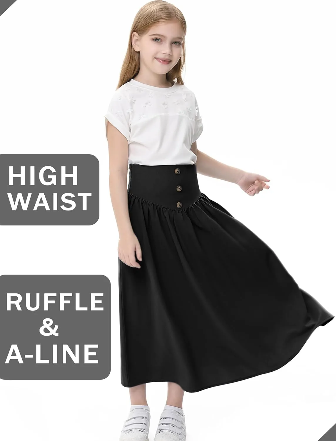 Girl Maxi Skirt Elastic High Waist A-Line Long Skirt Smocked Waistband with Drawstring and Pockets 3-12 Years