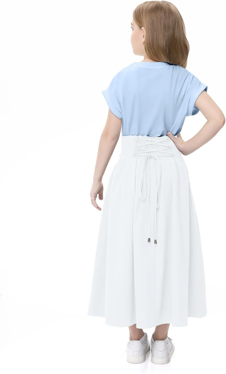 Girl Maxi Skirt Elastic High Waist A-Line Long Skirt Smocked Waistband with Drawstring and Pockets 3-12 Years