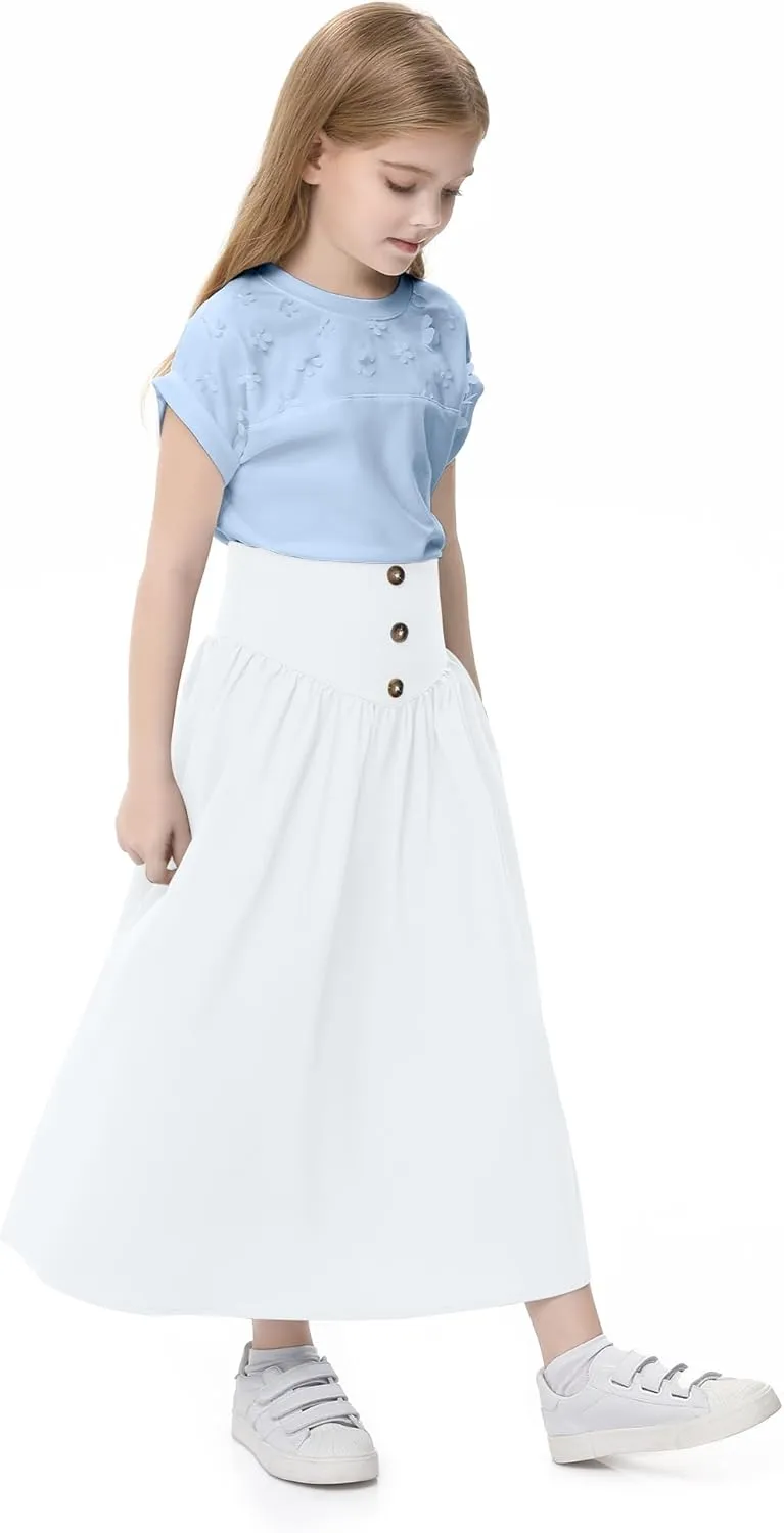 Girl Maxi Skirt Elastic High Waist A-Line Long Skirt Smocked Waistband with Drawstring and Pockets 3-12 Years