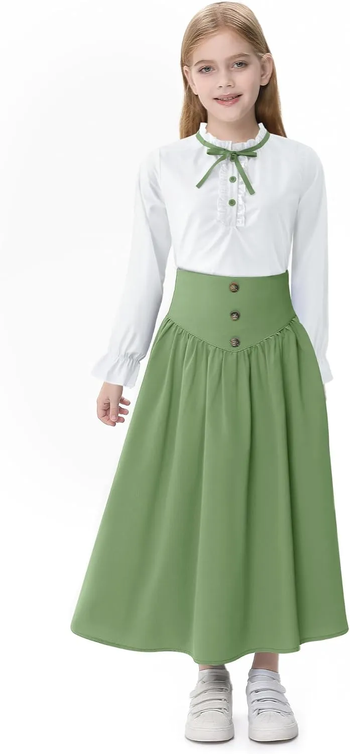 Girl Maxi Skirt Elastic High Waist A-Line Long Skirt Smocked Waistband with Drawstring and Pockets 3-12 Years