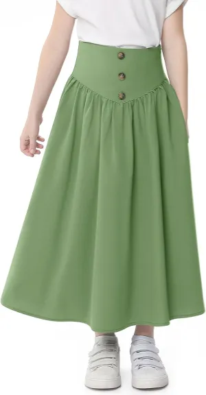 Girl Maxi Skirt Elastic High Waist A-Line Long Skirt Smocked Waistband with Drawstring and Pockets 3-12 Years