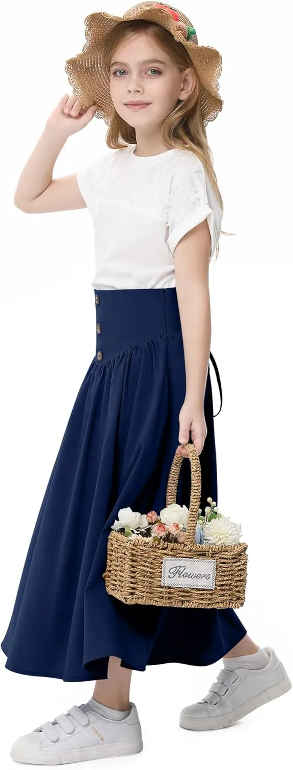Girl Maxi Skirt Elastic High Waist A-Line Long Skirt Smocked Waistband with Drawstring and Pockets 3-12 Years