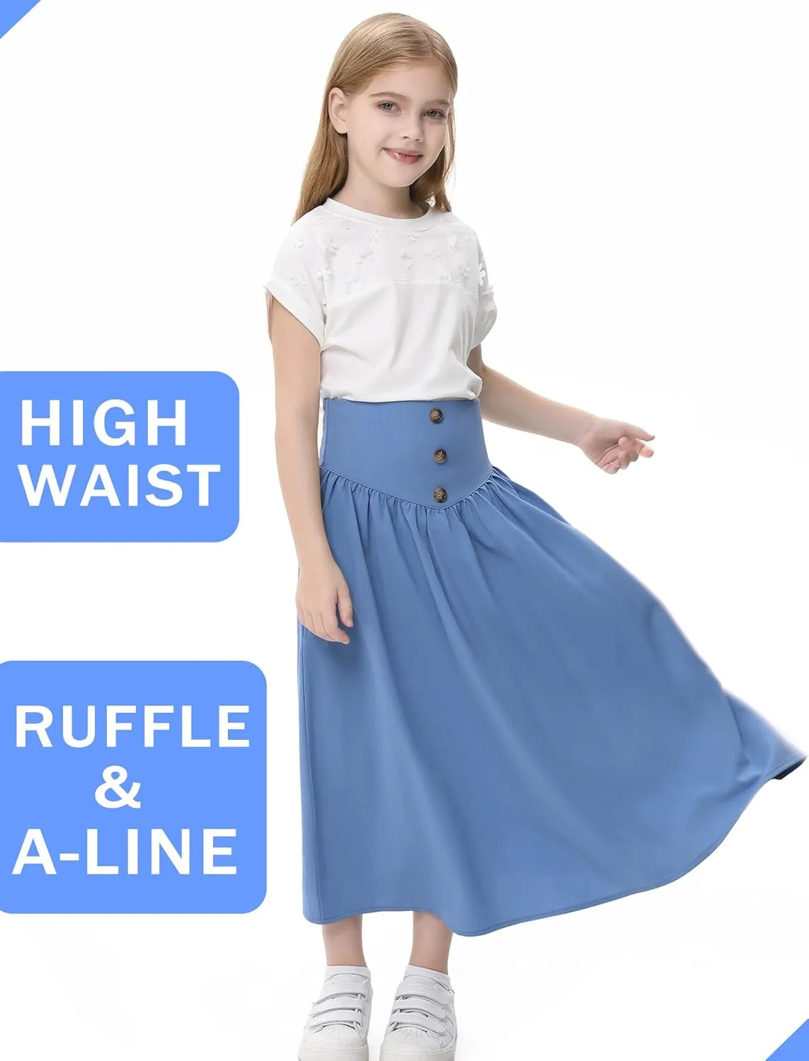 Girl Maxi Skirt Elastic High Waist A-Line Long Skirt Smocked Waistband with Drawstring and Pockets 3-12 Years