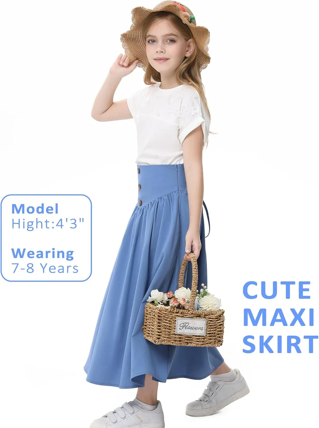 Girl Maxi Skirt Elastic High Waist A-Line Long Skirt Smocked Waistband with Drawstring and Pockets 3-12 Years