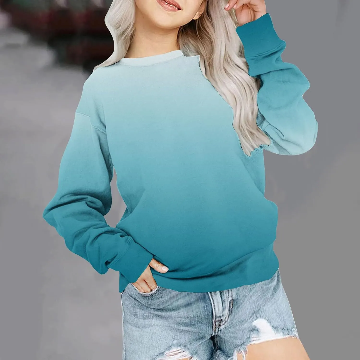 Girls and Boys Gradient Sweatshirt Crewneck Pullover Fleece Lined Sweatshirts Fashion Blouses Long Sleeve Shirt
