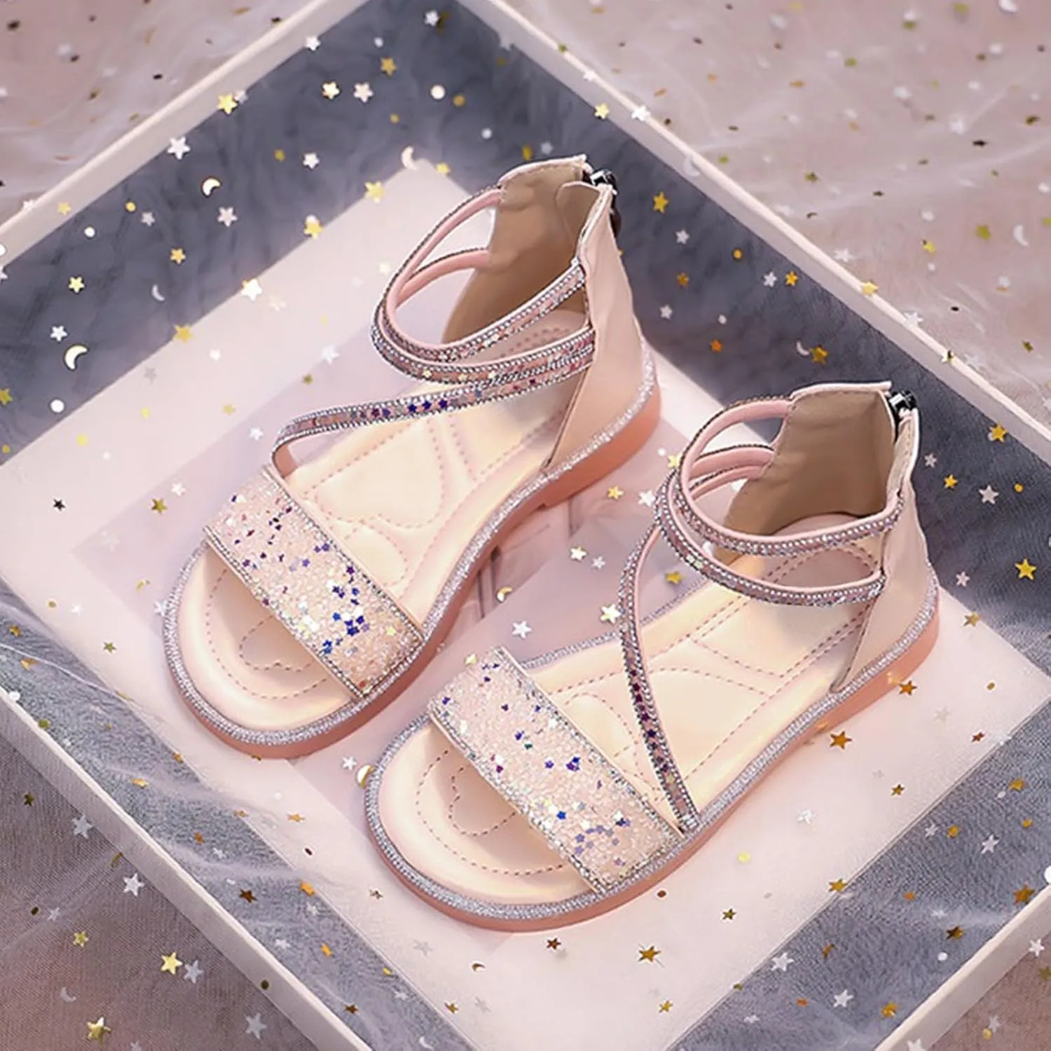 Girls Gladiator Sandals Cute Strappy Sparkly Lightweight Princess Sandals with Zipper Kids Summer Beach Roman Shoes