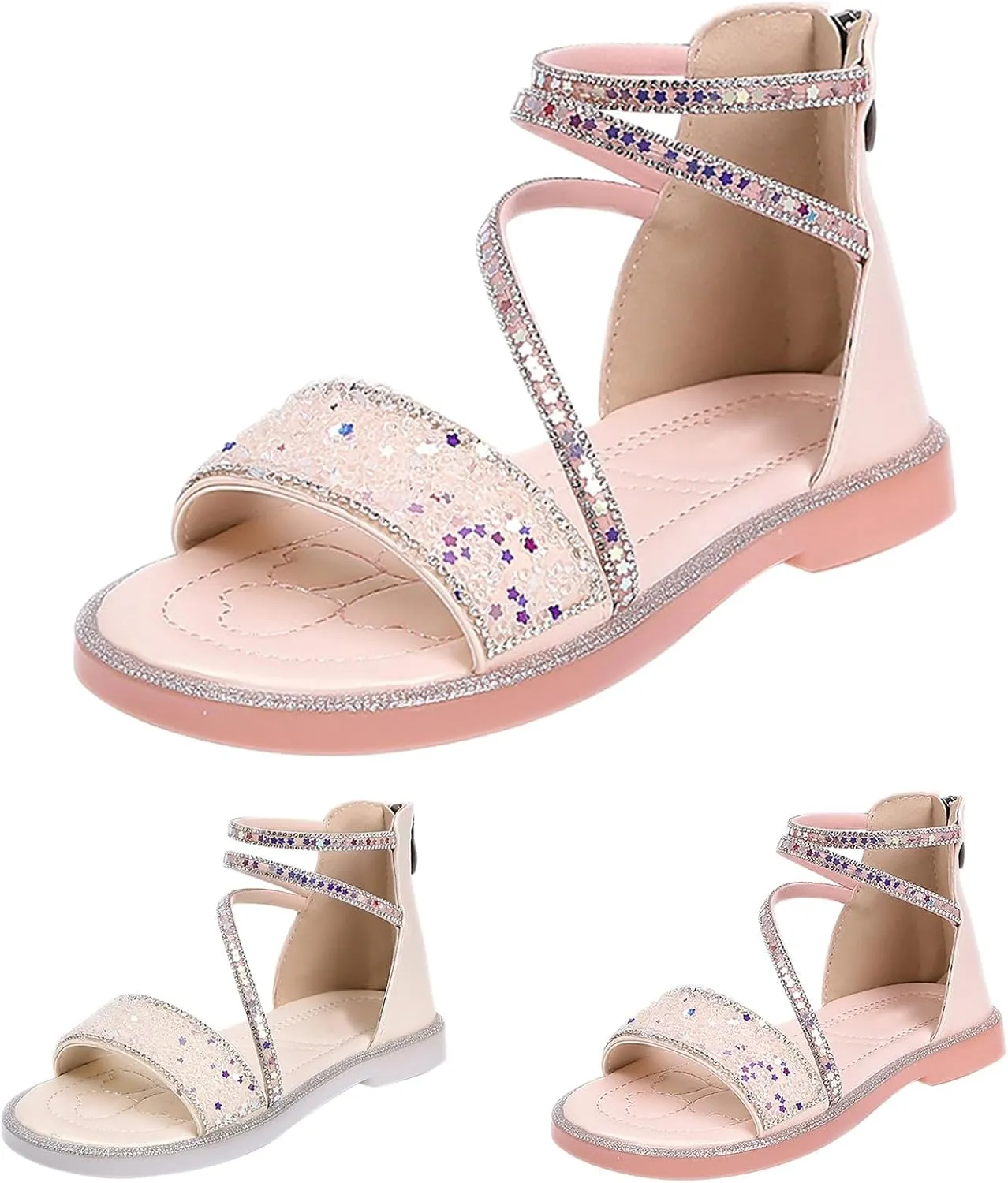 Girls Gladiator Sandals Cute Strappy Sparkly Lightweight Princess Sandals with Zipper Kids Summer Beach Roman Shoes