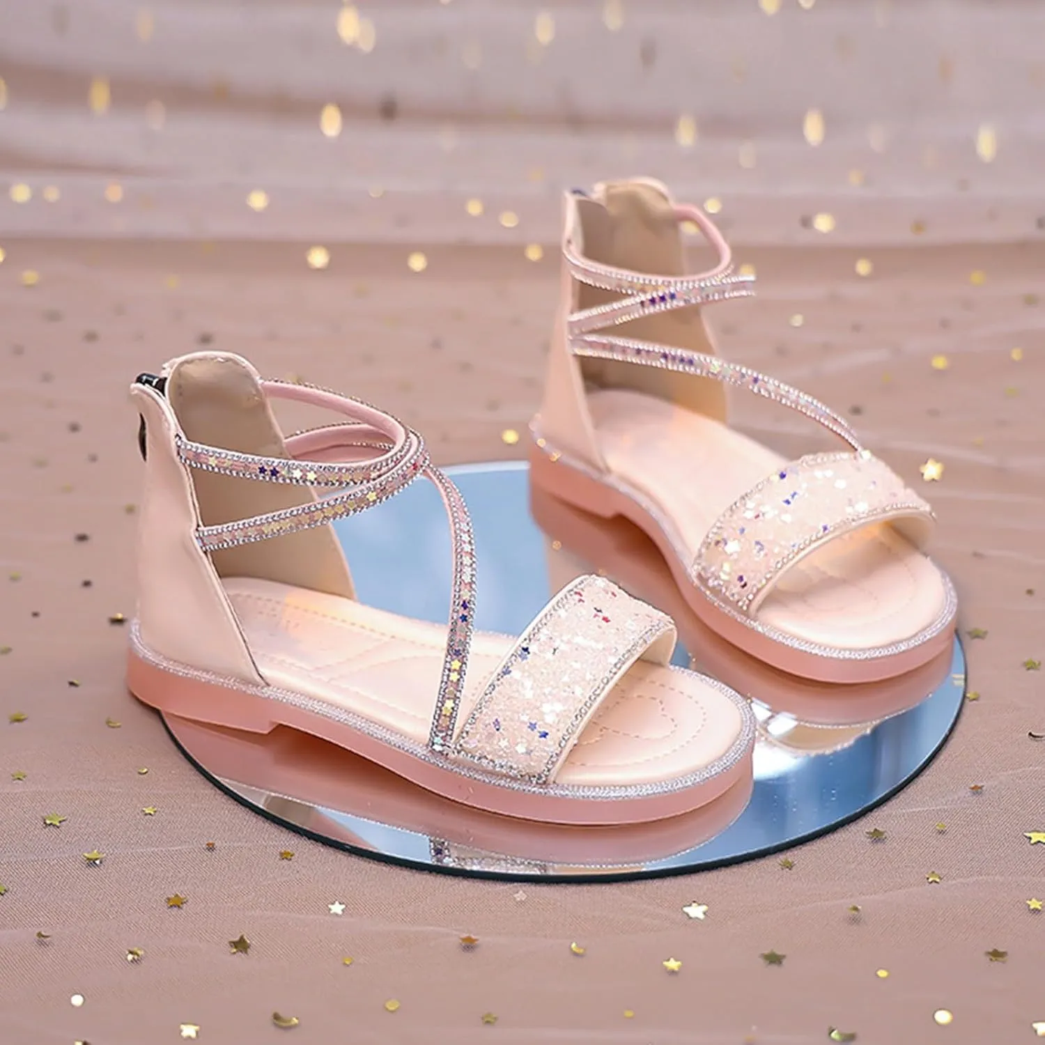 Girls Gladiator Sandals Cute Strappy Sparkly Lightweight Princess Sandals with Zipper Kids Summer Beach Roman Shoes
