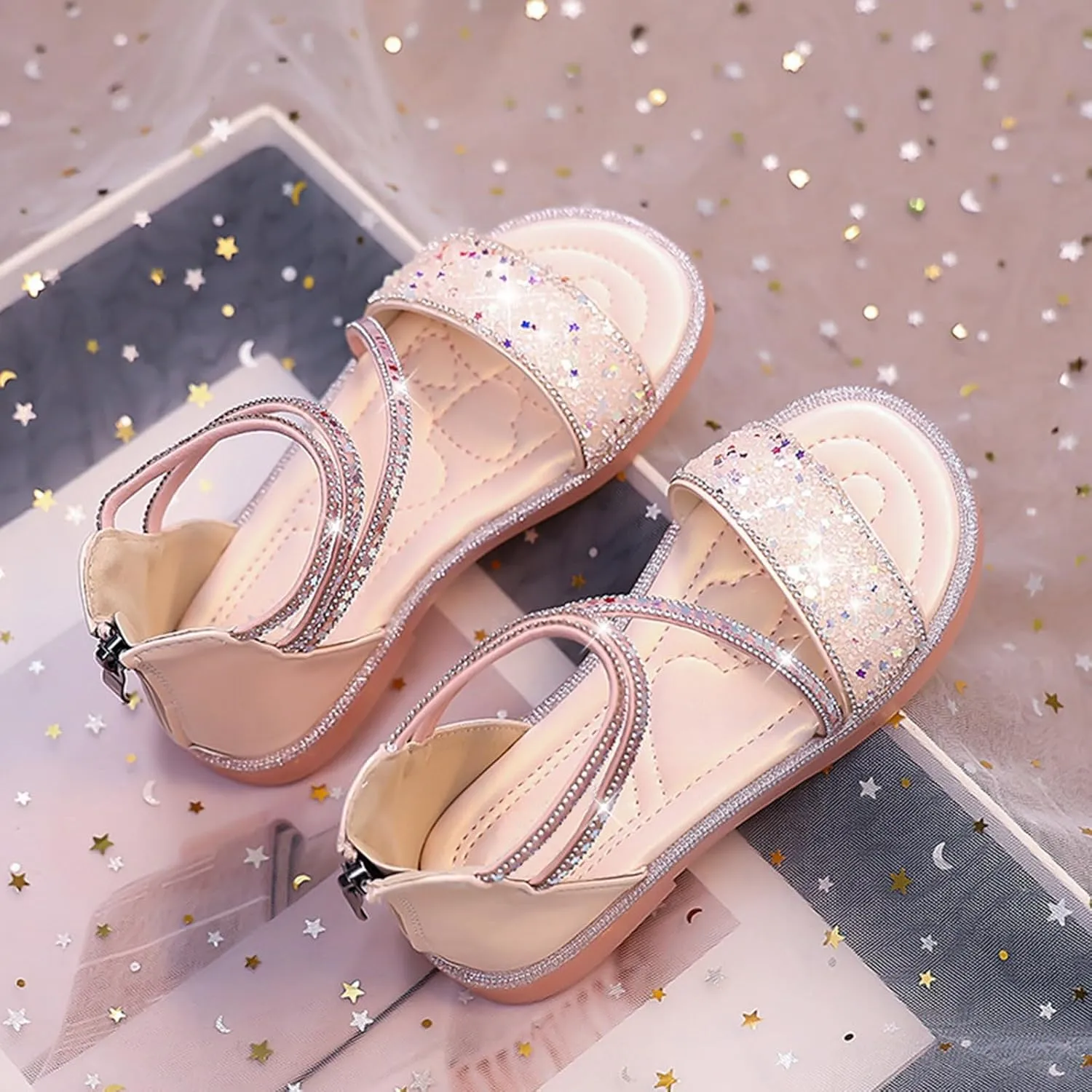 Girls Gladiator Sandals Cute Strappy Sparkly Lightweight Princess Sandals with Zipper Kids Summer Beach Roman Shoes