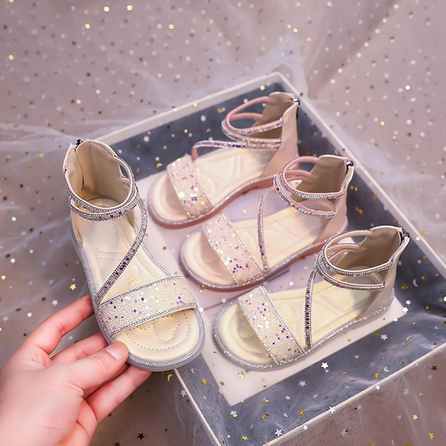 Girls Gladiator Sandals Cute Strappy Sparkly Lightweight Princess Sandals with Zipper Kids Summer Beach Roman Shoes
