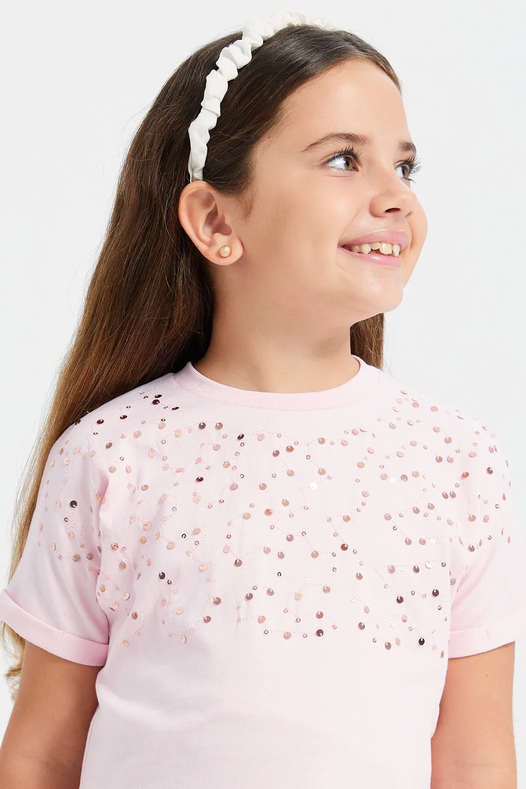 Girls Pink Sequins Embellishment T-Shirt