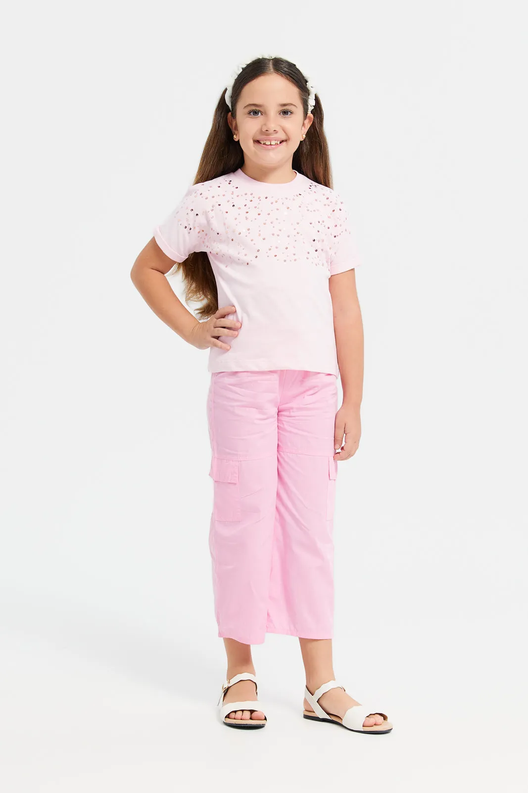 Girls Pink Sequins Embellishment T-Shirt