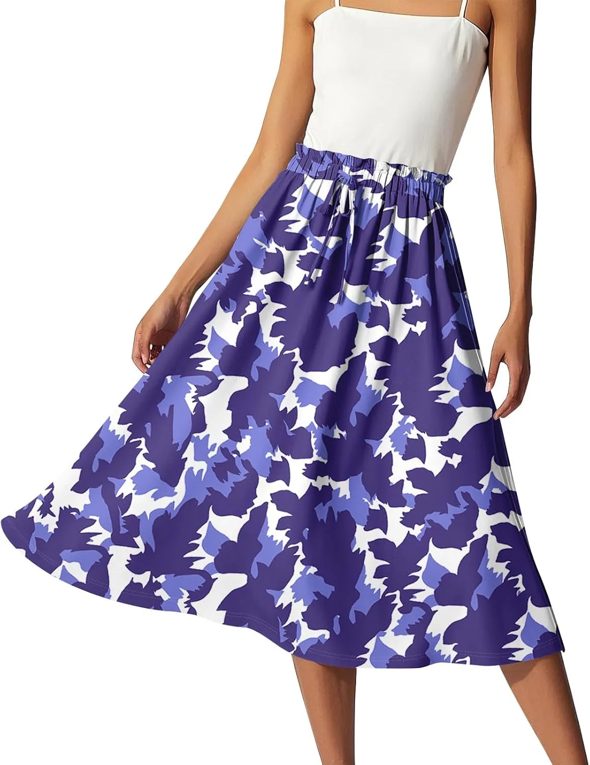 GOFULY Skirts for Women Midi Length Trendy Summer Print A Line Skirt Knee Drawstring Elastic High Waist Smocked Skirt