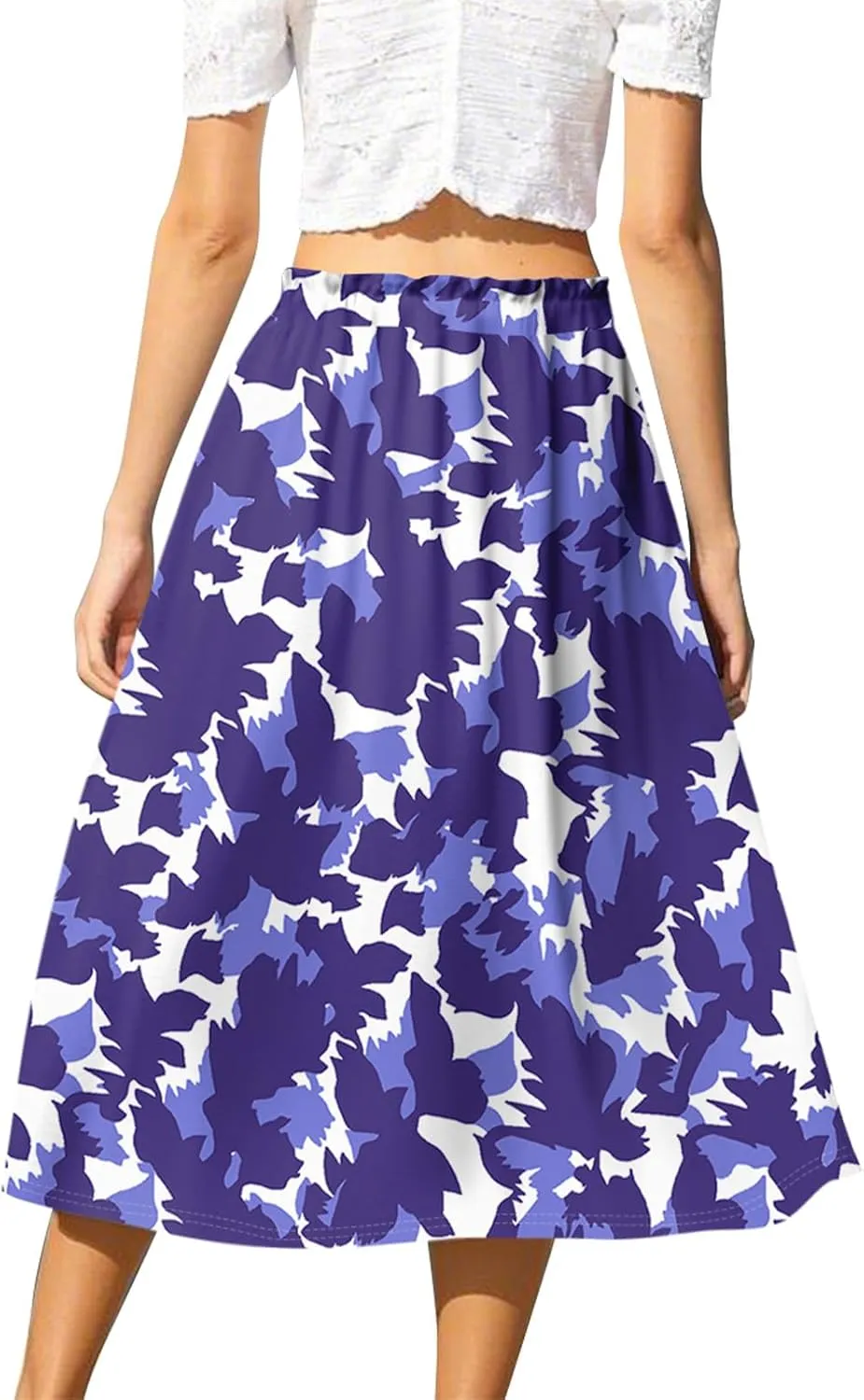 GOFULY Skirts for Women Midi Length Trendy Summer Print A Line Skirt Knee Drawstring Elastic High Waist Smocked Skirt
