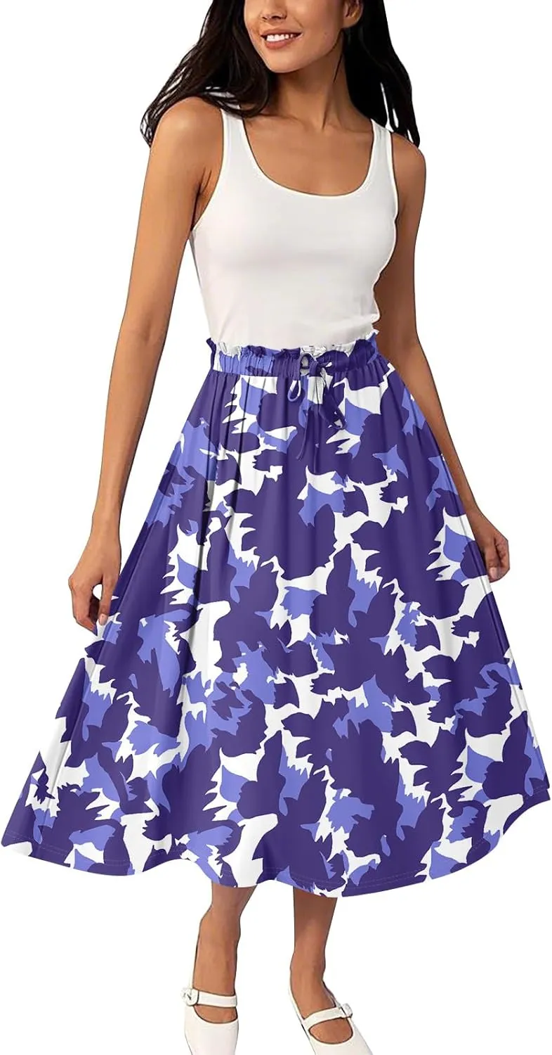 GOFULY Skirts for Women Midi Length Trendy Summer Print A Line Skirt Knee Drawstring Elastic High Waist Smocked Skirt