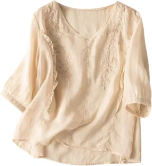 GOKKILRW Womens Floral Embroidered Tops Cotton Linen Shirts Boho Ethnic Style Peasant Blouses 3/4 Sleeve V Neck Gauze Tshirts