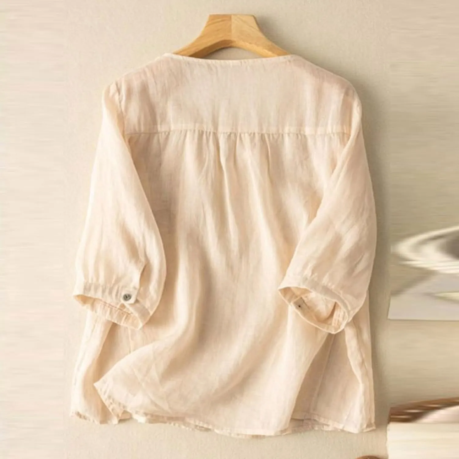 GOKKILRW Womens Floral Embroidered Tops Cotton Linen Shirts Boho Ethnic Style Peasant Blouses 3/4 Sleeve V Neck Gauze Tshirts